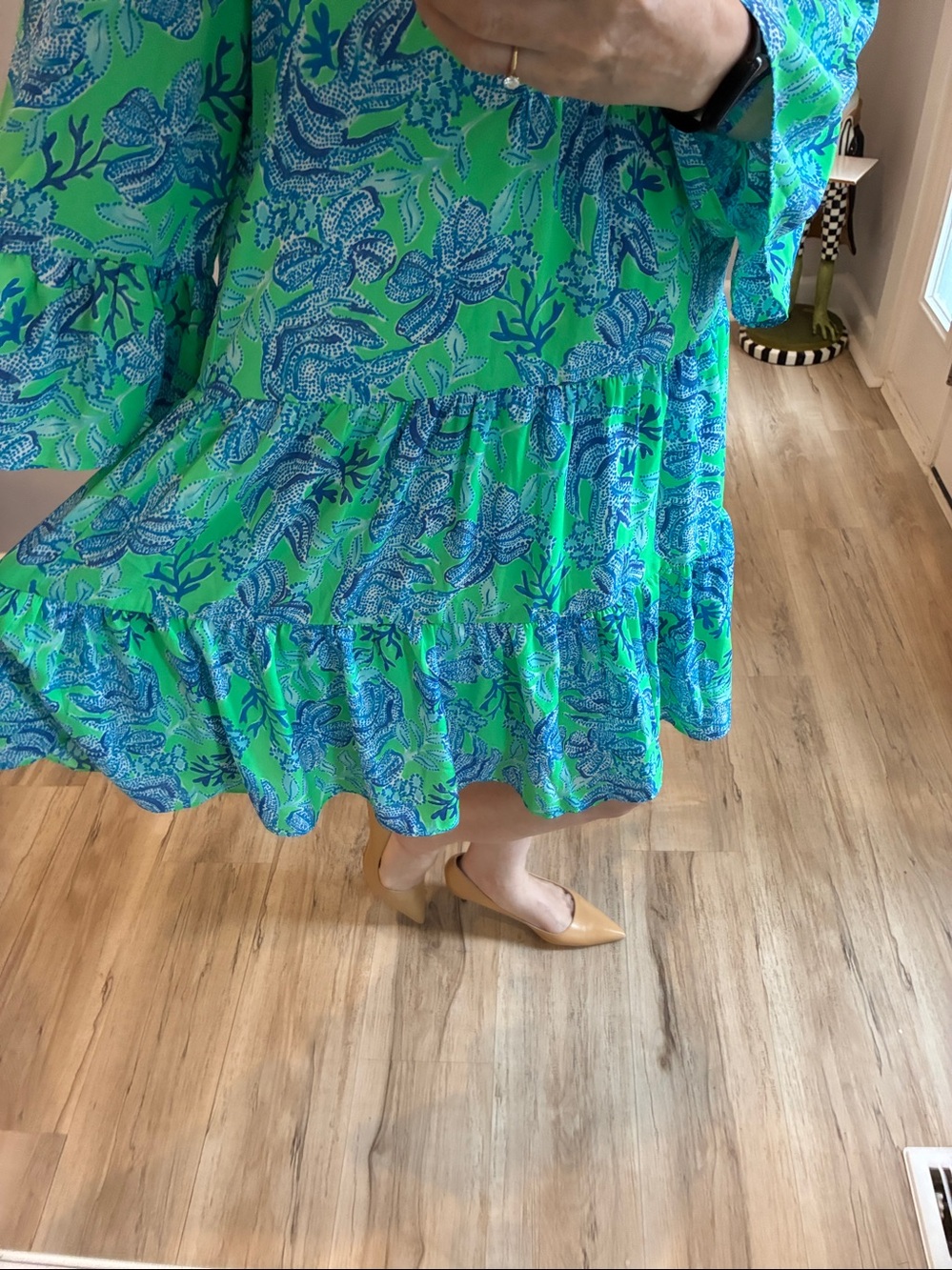 Vibrant Green & Blue Floral V-Neck Tiered Dress. by Lily Pulitzer - Picture 3 of 9